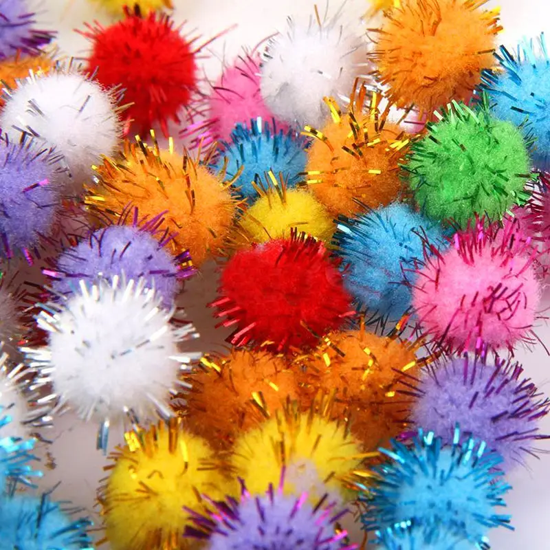 100Pcs Sparkly Glitter Tinsel Pompom Balls Small Pom Pom Ball Cat Toys 15mm