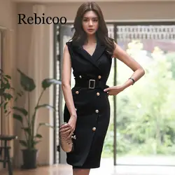 Women Summer Office Lady Belted Vestidos Sleeveless Work Wear Slim Double Button Sexy korean fashion style Dress clothes