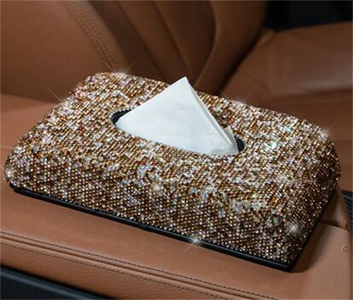 

Bling Crystal Car Tissue Box Sun Visor Diamond Leather Auto Tissue Paper Holder Case Sunvisor Hanging Napkin Car Accessories