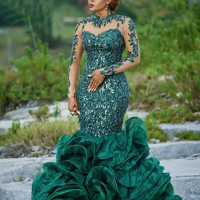 Abiye Hunter Green Mermaid Prom Dresses Organza Skirt Appliqued Long Arabic Dubai Formal Evening Gowns Abendkleider Lace Sequins