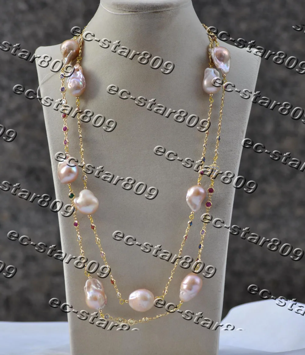 

Z11511 50" 25mm Pink Baroque KESHI Reborn Pearl Multicolor CZ Chain Necklace