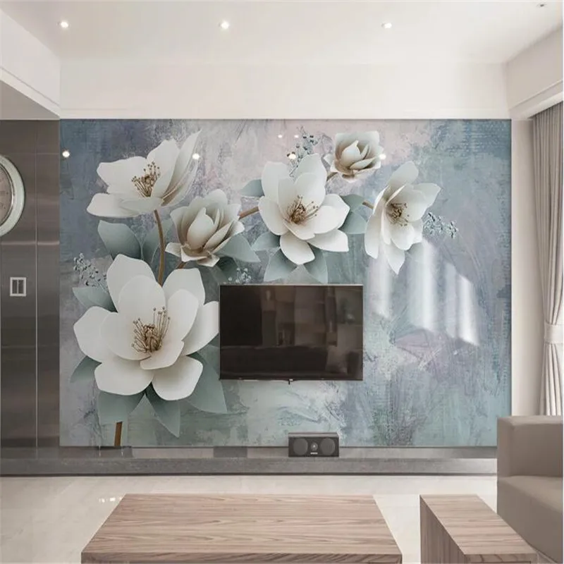 Customized 3D printed wallpaper with a modern and luxurious style, featuring a three-dimensional magnolia flower themed mural