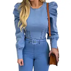 Women Blouse Puff Sleeve Solid Color Spring Autumn Sexy Long-Sleeved Imitation Denim Shirt for Party