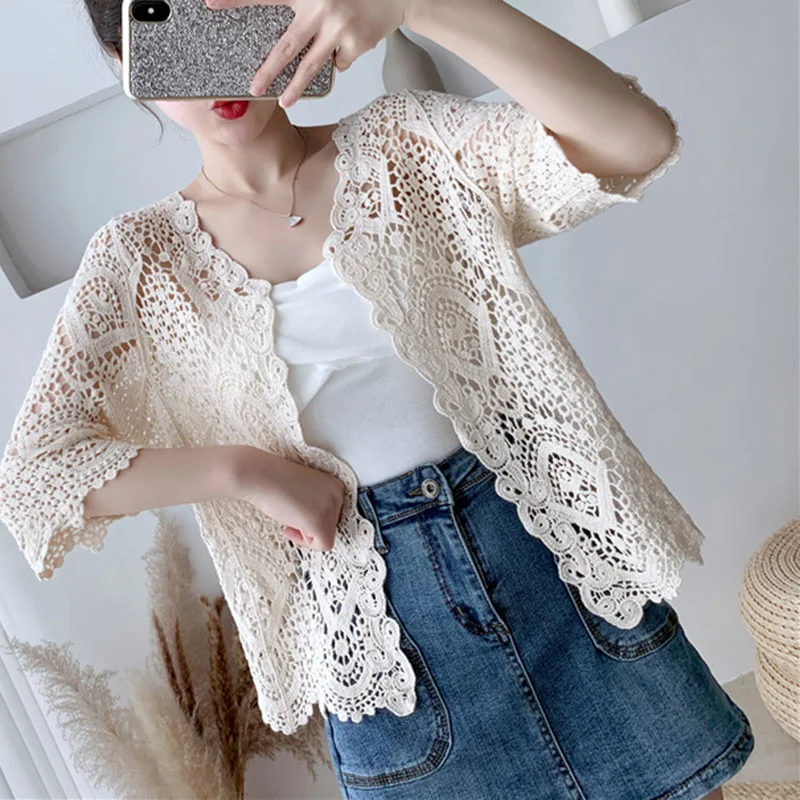 Short Shawl Hollow Knitted Sweater Spring And Summer Literary Style Three-quarter Sleeve Cardigan Women\'s Air-conditioning Shirt