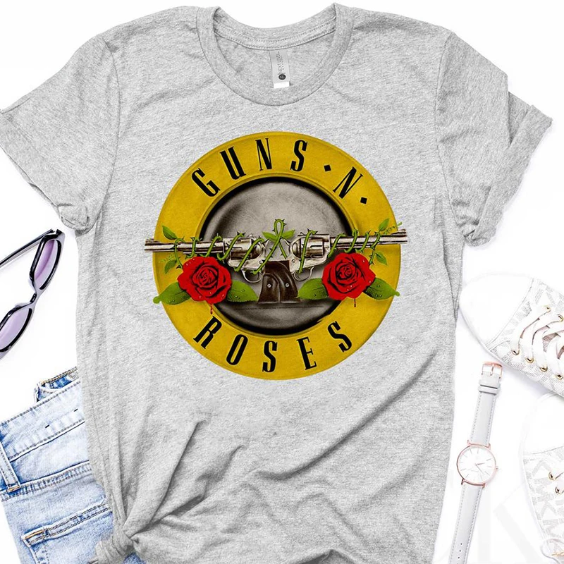 Harajuku Black T Shirt Women GUN N ROSES Print Tshirt Vintage Rock Band Cotton T-shirt Short Sleeve Streetwear Tumblr Top S-3XL