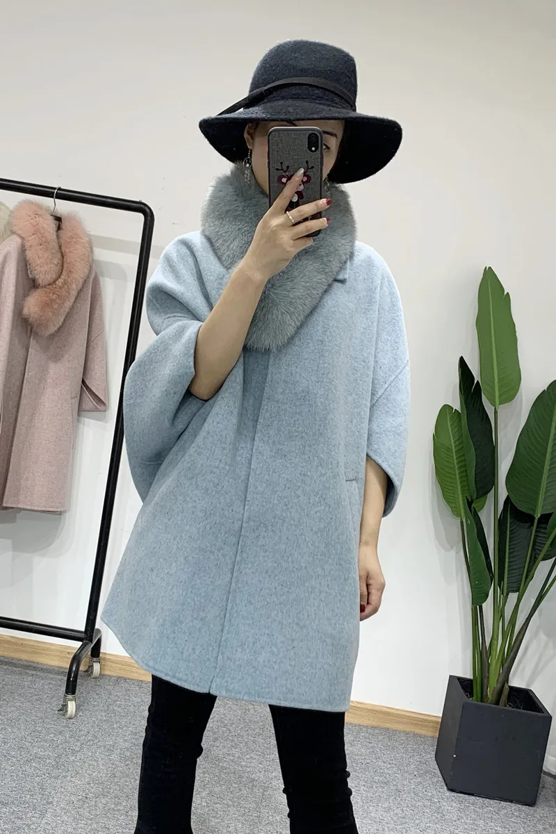 Fox Fur Collar Double-Faced Woolen Cape Coat Batwing Sleeve Women New Korean Style Loose Winter Cashmere Woolen Overcoat