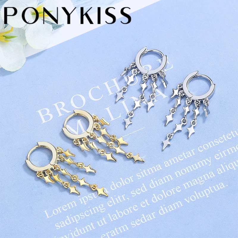 PONYKISS Trendy 925 Sterling Silver Tassel Lightning Sequins 14K Gold Hoop Earrings Buckle for Women Cute Jewelry Drop Shipping