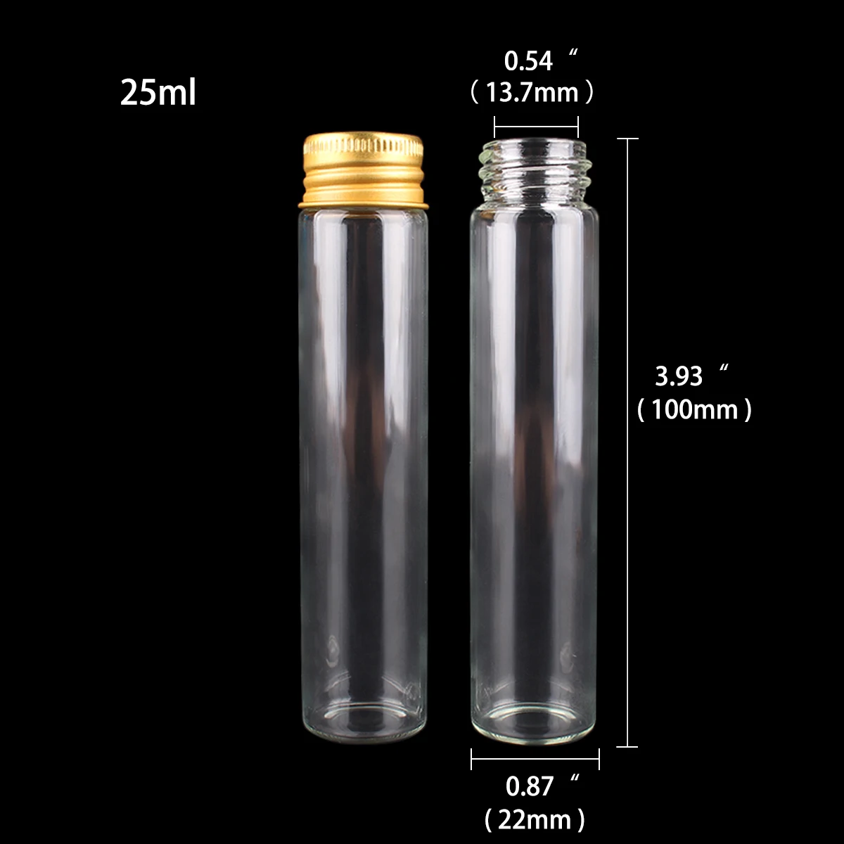 24 pieces 25ml Transparent Glass Spice Bottles with Golden Aluminum Lids 22*100mm Pill Container for Art DIY Crafts