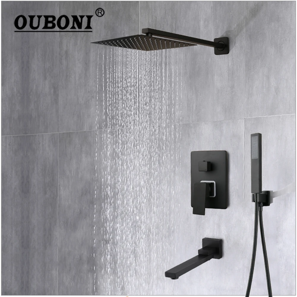 

OUBONI Matte Black Rainfall Shower Faucet Tub 8~16 Inch Led Bathtub Rain Square Shower Head Waterfall Spray Shower Faucet Set