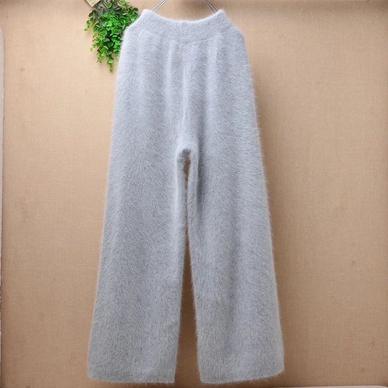 Elegant casual ladies women thicken warm winter mink cashmere loose elastic angora fur knitted trousers pants sweater pull tops