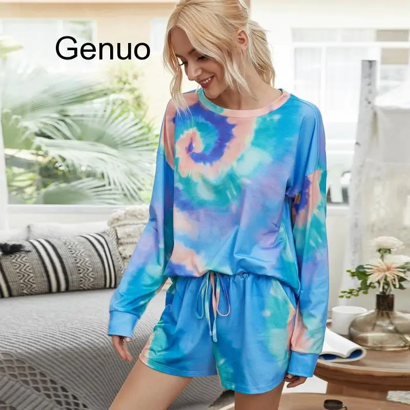 2020 Camouflage Print Two Piece Homesuit Tie-dye Long Sleeve Top And Shorts Matching Sets Summer Lounge Wear Set Femme Outfit