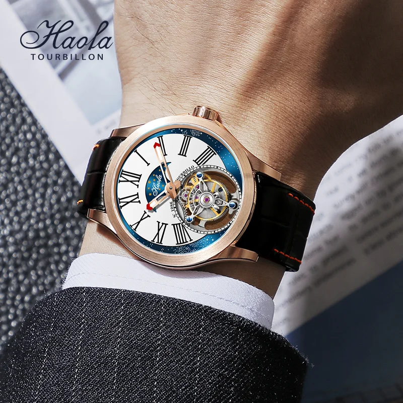 Haofa Flying Tourbillon Wristwatch Starry Sky Dial Sapphire Skeleton Manual Mechanical Watch For Men Luxury zegarek mฤski 1086