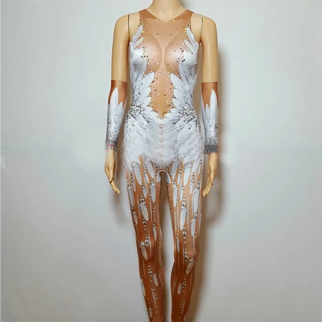 Sexy kombinezon stras kobiety biały nadruk piór body klub nocny piosenkarka strój do tańca dżetów etap pajacyki Vestido