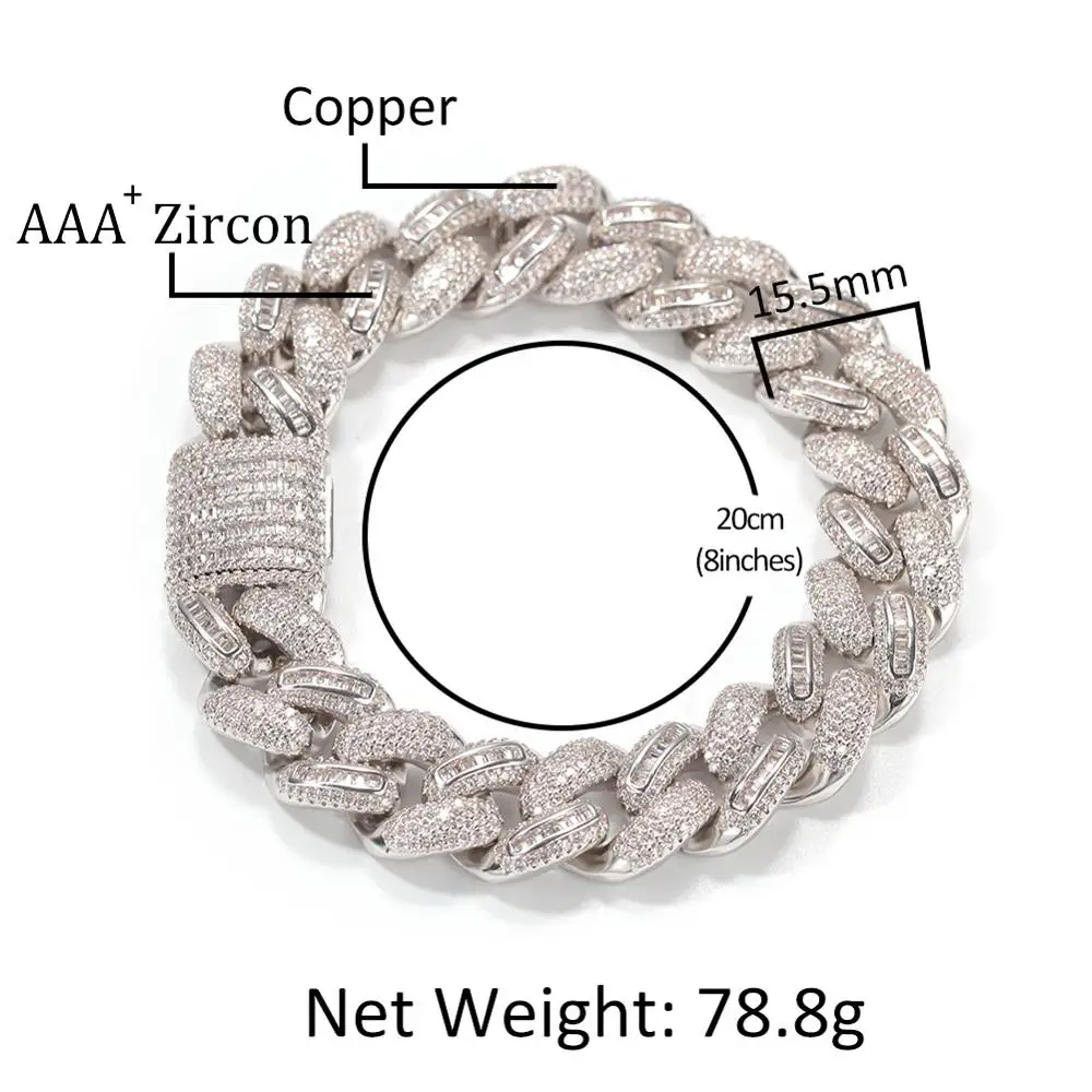 UWIN 15.5mm Baguettecz CZ Bracelets Necklaces Miami Cuban Bracelet Micro Paved CZ Necklaces Hip Hop Jewelry for Gifts