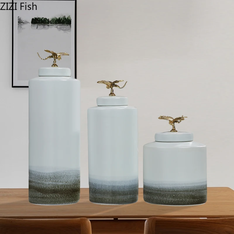 

Ceramic Vase with Cover Chinese Style Golden Dragonfly Vases Storage Jar Ceramic Handicraft Ornaments Modern Home Decoration