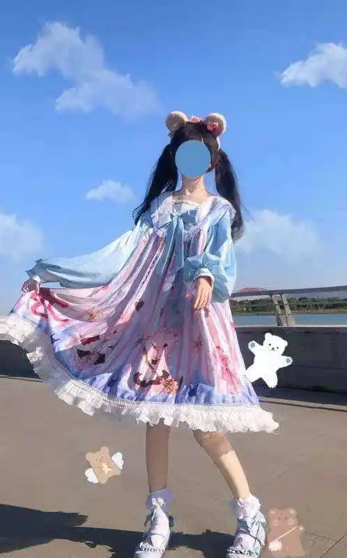 Robe lolita vintage pour filles, tenue douce japonaise, manches bouffantes, taille haute, impression victorienne, mignonne, kawaii, gothique