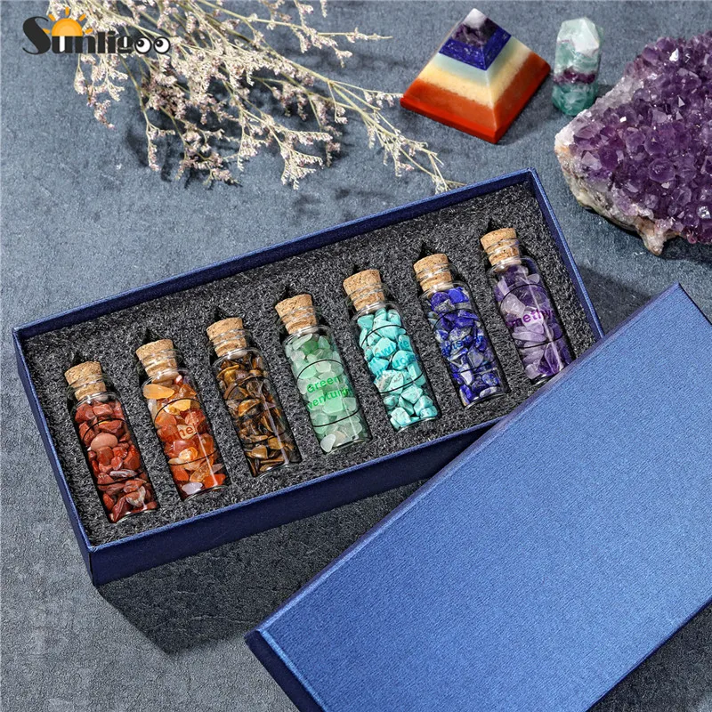 Sunligoo 7 Pcs Glass Wishing Bottles Gemstone Kit Natural Crystal Tumbled Chip Stones Reiki Healing Yoga Energy Chakra Stone Set