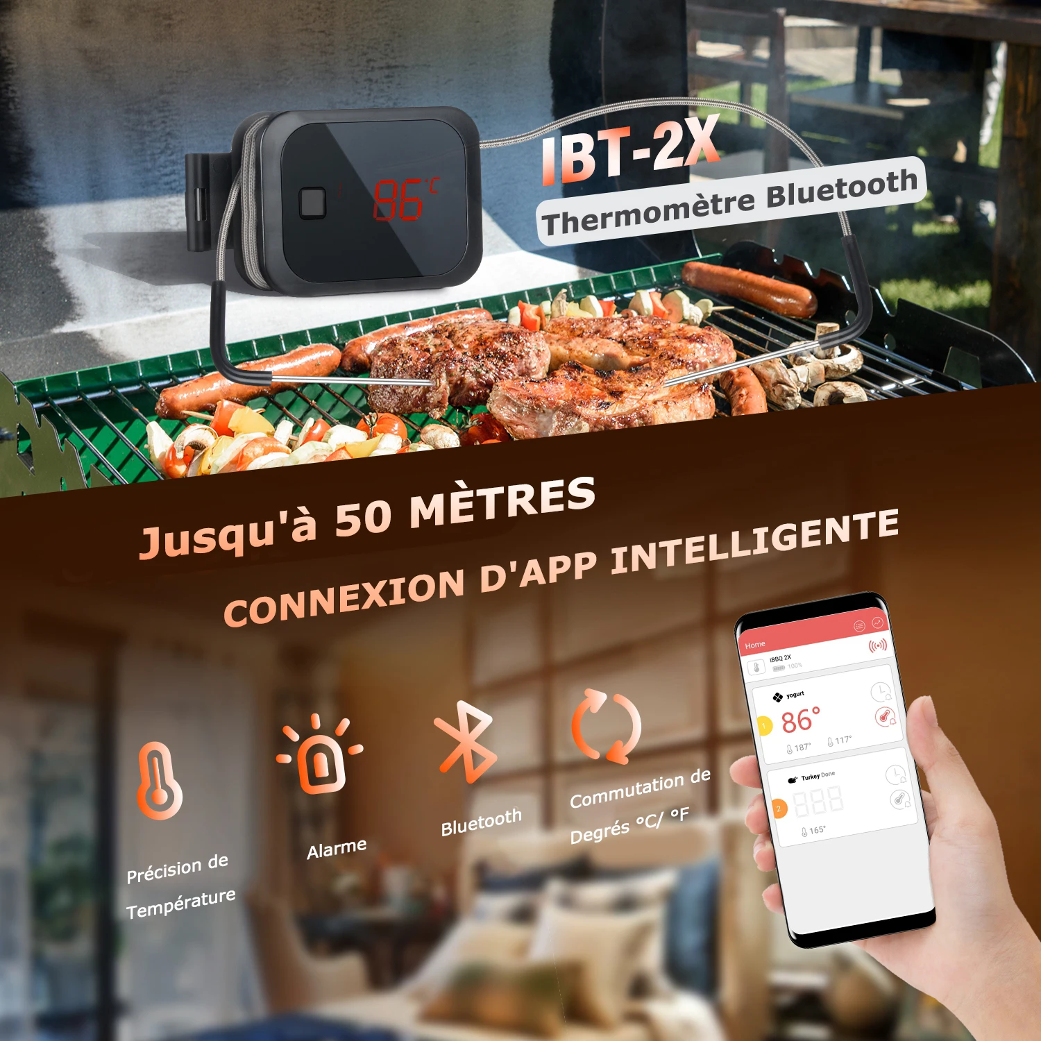 INKBIRD-termómetro inalámbrico para cocinar alimentos, dispositivo con Bluetooth, IBT-2X, con sondas dobles y temporizador, para horno, carne, parrilla