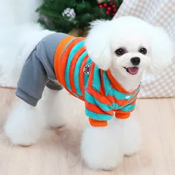 Strips Pet Cat Clothes Dog Romper Coat Winter Warm Fleece Dog Sweatshirt Hoodie Gray Pants Cat Overalls Jumpsuit Onesie Bichon L