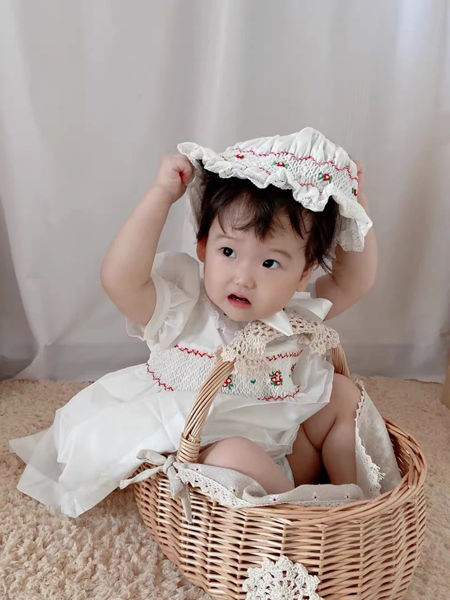 2pcs Children Boutique Clothing Spanish Baby Girl Dress Short Sleeve Princess Handmade Smocked Embroidered Infant Cotton Robe