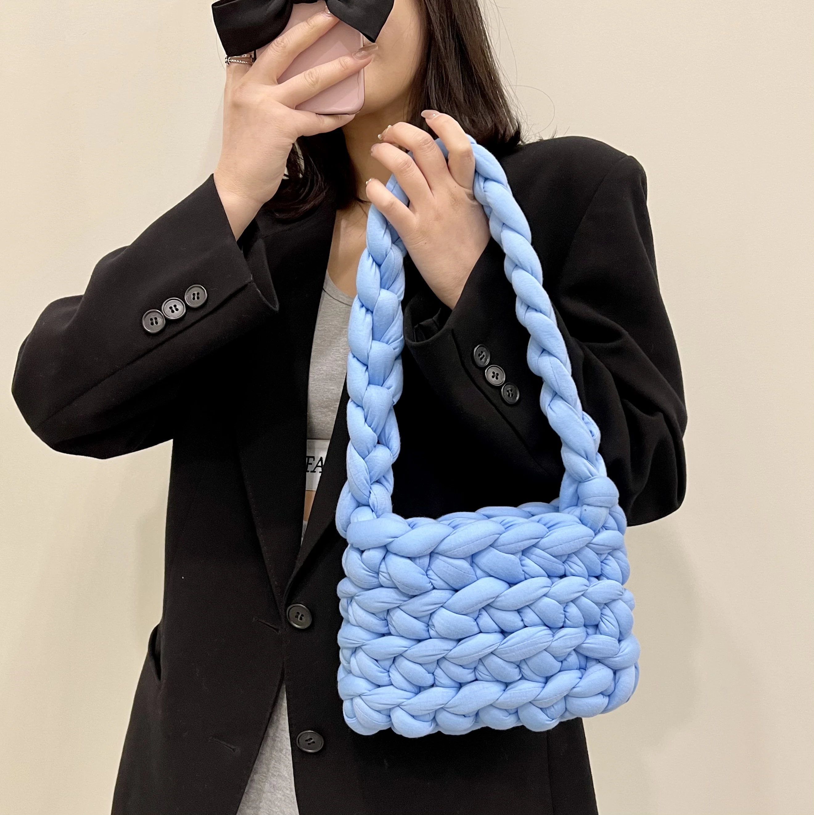 New Vintage Women Canvas Shoulder Shopping Bag Korean Wool Knitted Woven Crossbody Bag for Woman 2021 Female Handbags Shopper