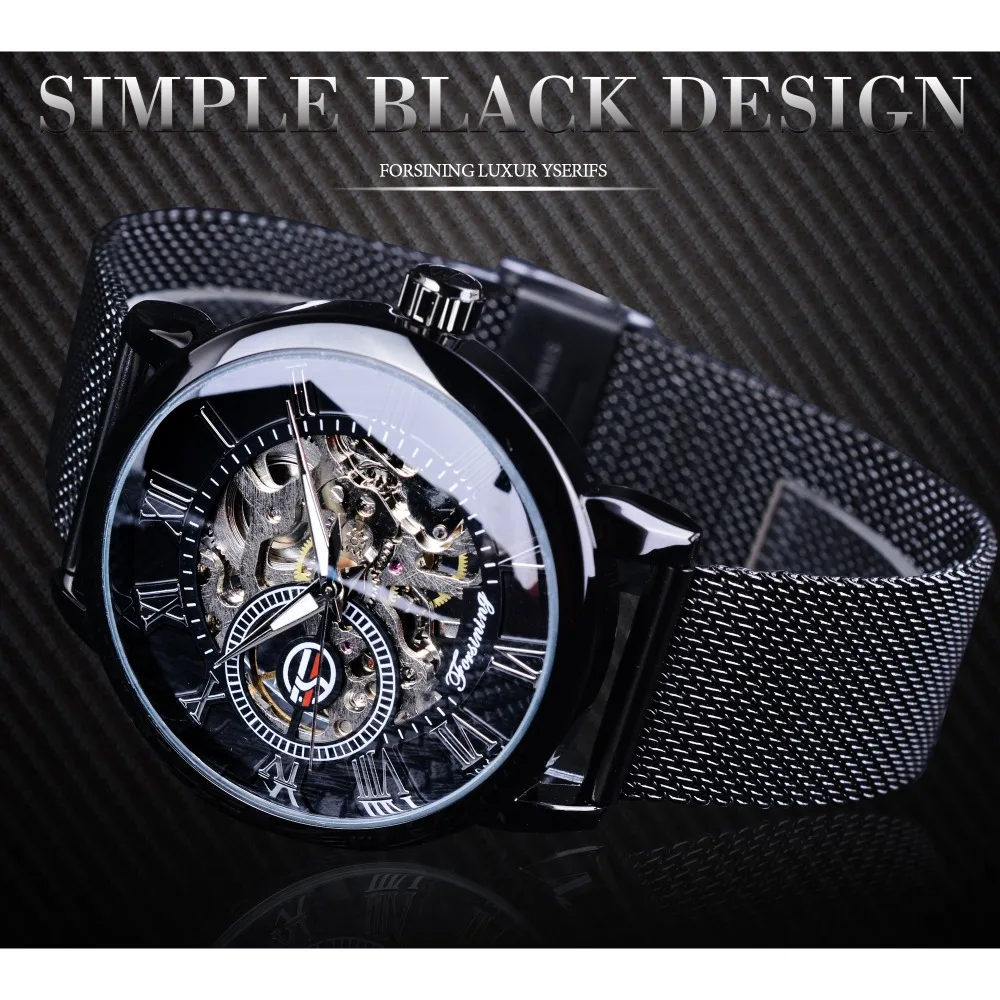 Fashion Forsining Top Brand Retro Design Skeleton Sport Mechanical Watch Luminous Hands Transparent Mesh Bracelet For Men Luxury