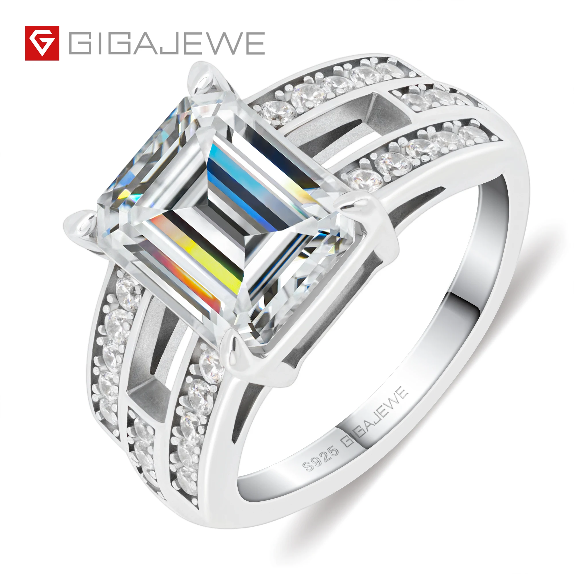 GIGAJEWE Moissanite 4.0ct 8X10mm D Color Emerald Cut 18K White Gold Plated 925 Silver Ring Claw Setting Girlfriend Women Gift