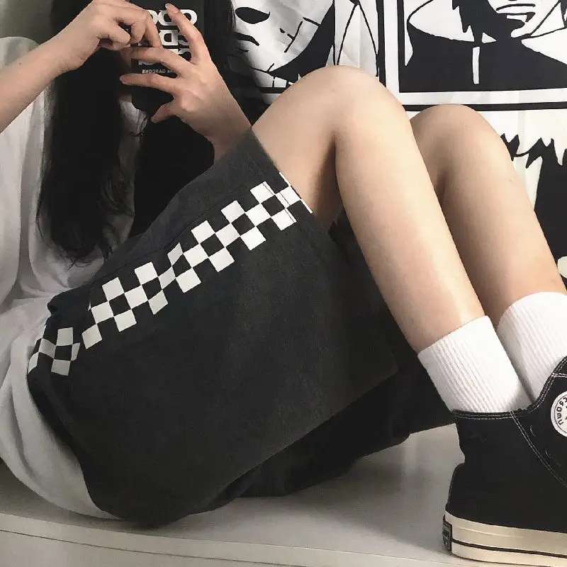 Shorts Women Retro Unisex Plaid Punk Simple Elastic Waist Casual Harajuku Trouser Couple Loose Y2k Daily Streetwear Ins Gothic