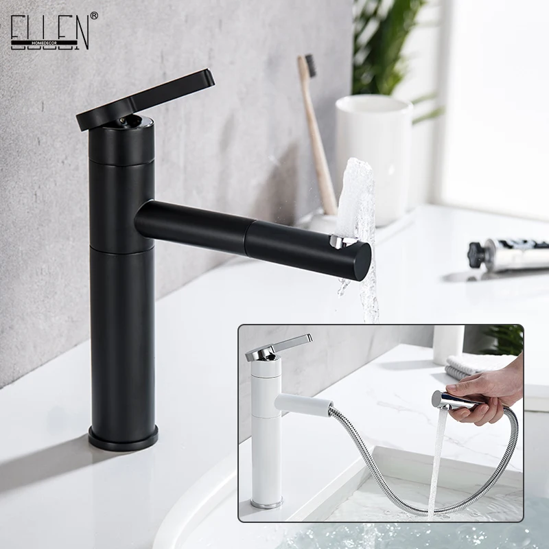 

ELLEN Black Basin Hot Cold Mixer Tap 360 Degree Rotate Bath Basin Faucet Bathroom Sink Faucets Pull Out Faucets Crane ELF11077S