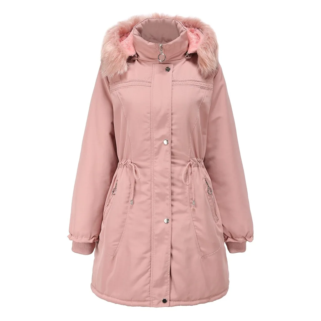 

Winter Warm Plush Fleece Hooded Quilted Long Coat Women 2022 Pink Cotton Padded Jacket Manteau Femme Hiver Kc72