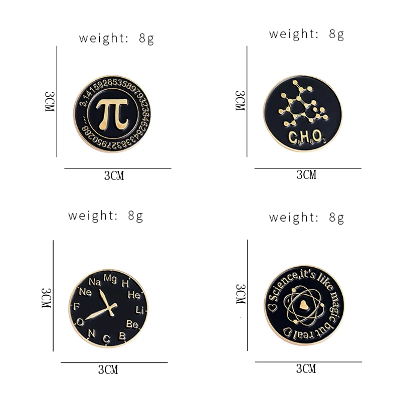 Creative Black Circle Letter Enamel Pins Science Chemistry Clock Molecule Fun Alloy Brooch Badge Punk Accessories Woman Jewelry