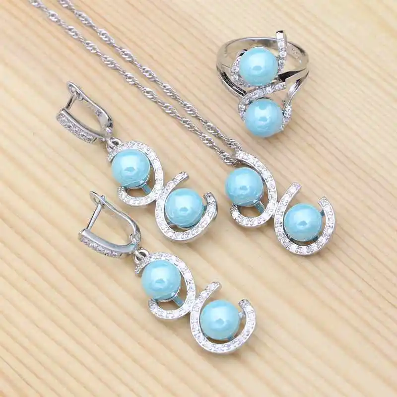 

Silver 925 Bridal Jewelry Set Blue Pearls White Crystal Ring Earring Pendant Necklace Set Women Fashion Jewelry