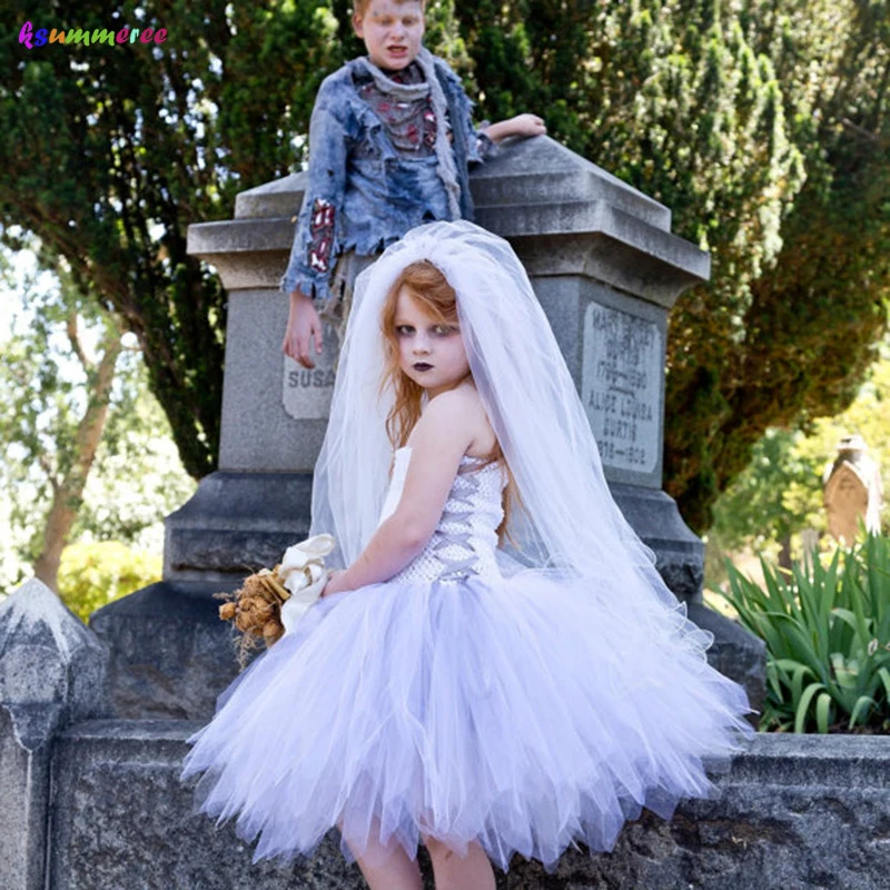 Dead Bride Inspired Girls Halloween Tutu Dress Gothic Scary Kids Role Play Party Costume for Carnival Photos Tulle Dress