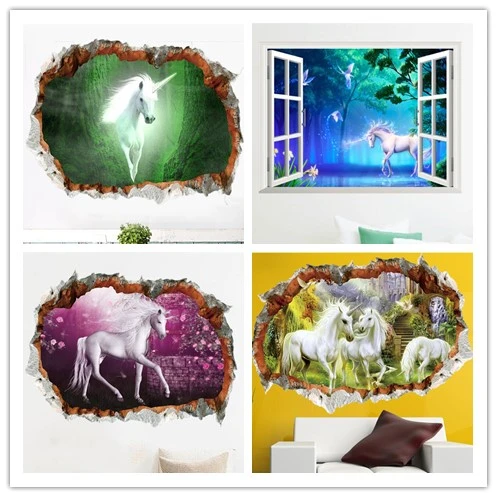 

Eco-friendly 3D Unicorn Wall Sticker Modern Art Mural Home decoration PVC Living room wall decoration