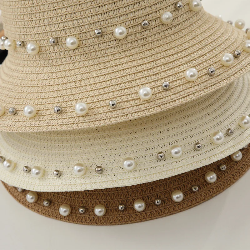 new spring and summer female sunscreen sun hat children bowknot straw hat pearl beach hat traw hat female parent-child hat