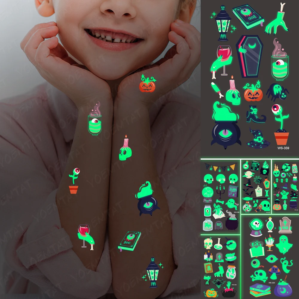 

Halloween Luminous Waterproof Tattoo Sticker Kids Child Boys Girls Faces Hands Pumpkin Grimace Light Night Glow Fake Tatto Women