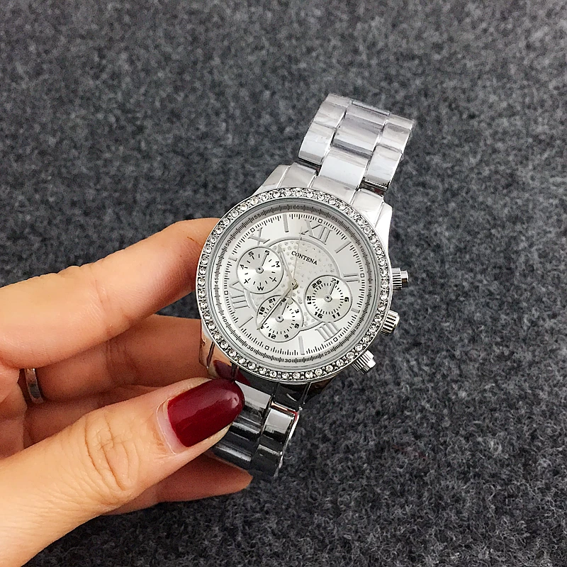 CONTENA Luxury Silver Women Watch Top Brand Women's Watches Fashion Diamond Ladies Watch Stainless Steel Clock zegarek damski