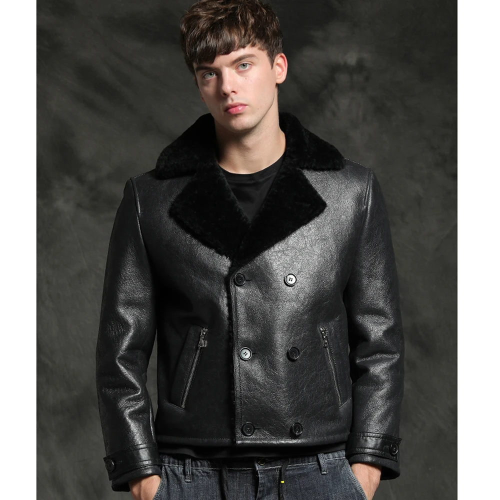 Genuine Sheepskin Fur Coat Men Short Black Natural Thicken Winter Fur Clothing Genuine Leather Formal Suit Clothes