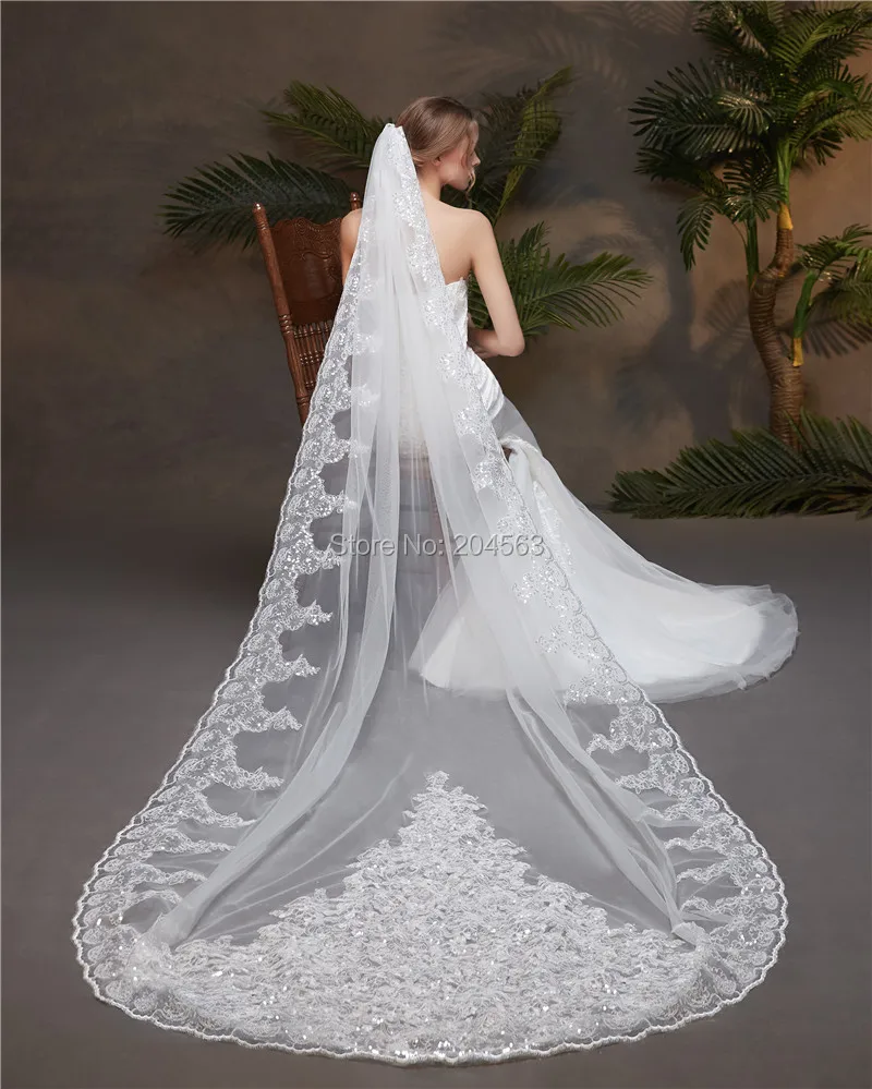 

Elegant White or Ivory One-Layer Wedding Veil with Sequined Lace Edge Tulle Cathedral Veil for Bride with Comb HL