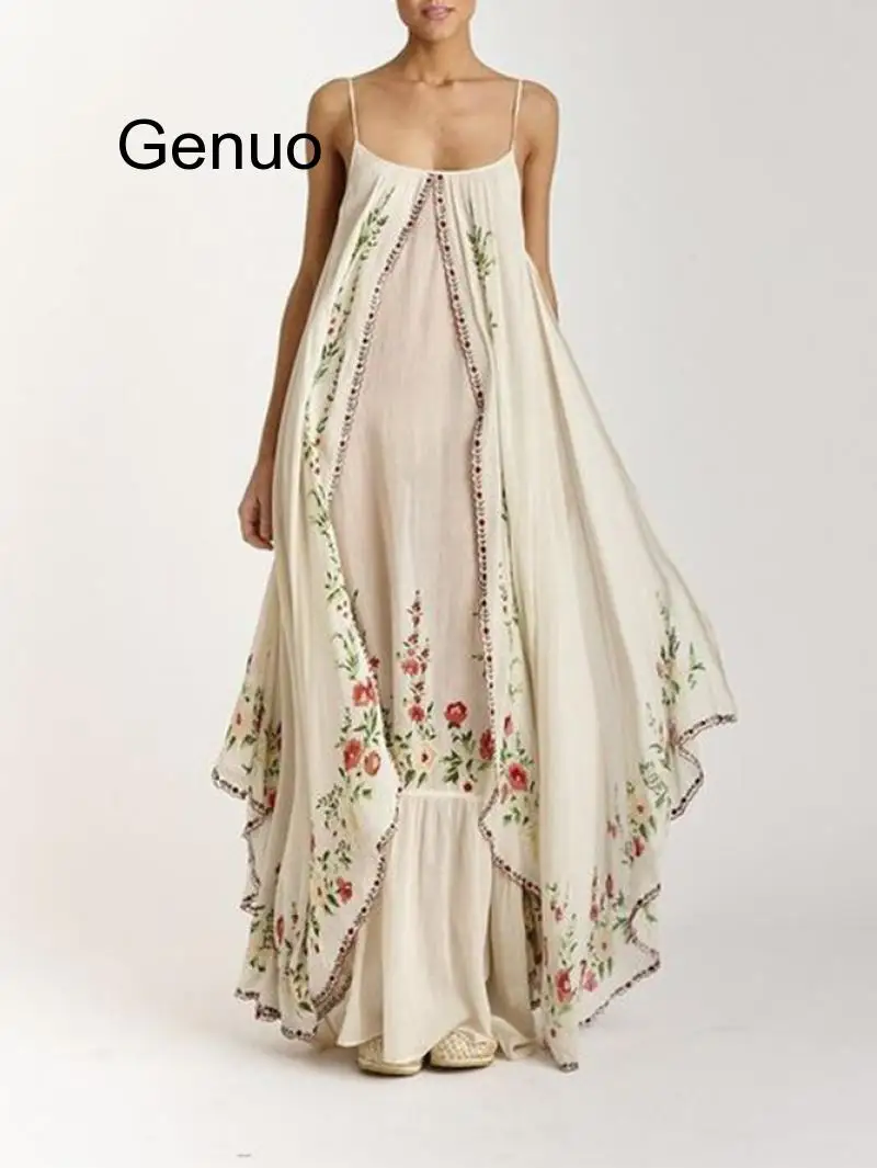 

Summer Dress Beach Boho Women Sleeveless Vintage Floral Printed Bohemia Strap Long Dress Sundress V-neck Irregular Vestido 2020