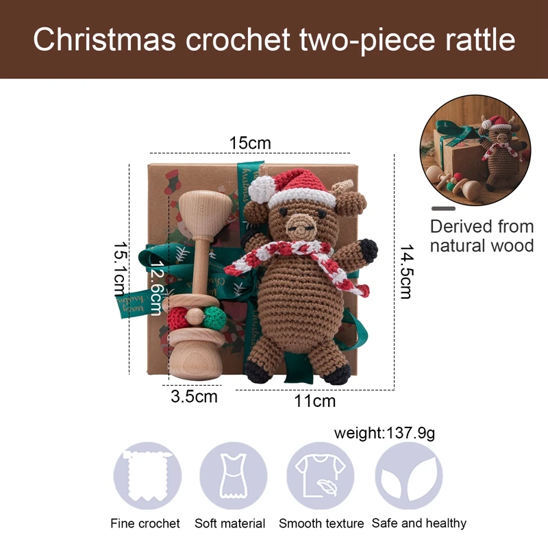 Santa Claus Crochet Rattles Toys Christmas Baby Rattle Toy Safe Wooden Teether Rattle Care Chewing Toy Christmas Gifts for Kids