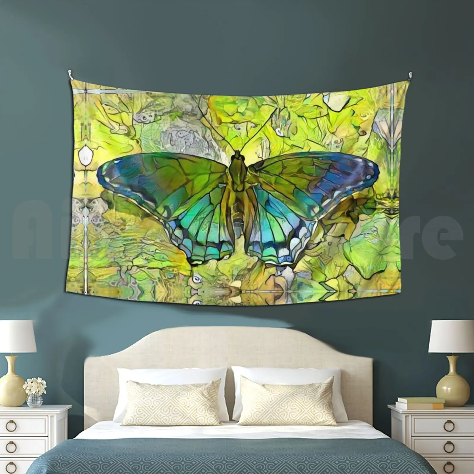 If Flew Green Tapestry Living Room Bedroom Butterflies Green Blue Yellow Abstract Papilio Glaucus Animal Wildlife Tiger