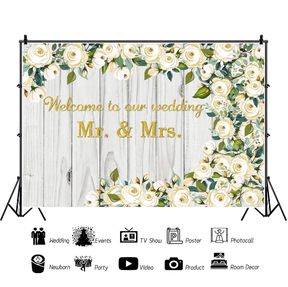 Laeacco-لوح خشبي شخصي السيد والسيدة ، ملصق زهور بيضاء ، خلفية صور على المسرح ، صور خلفية للتصوير الفوتوغرافي