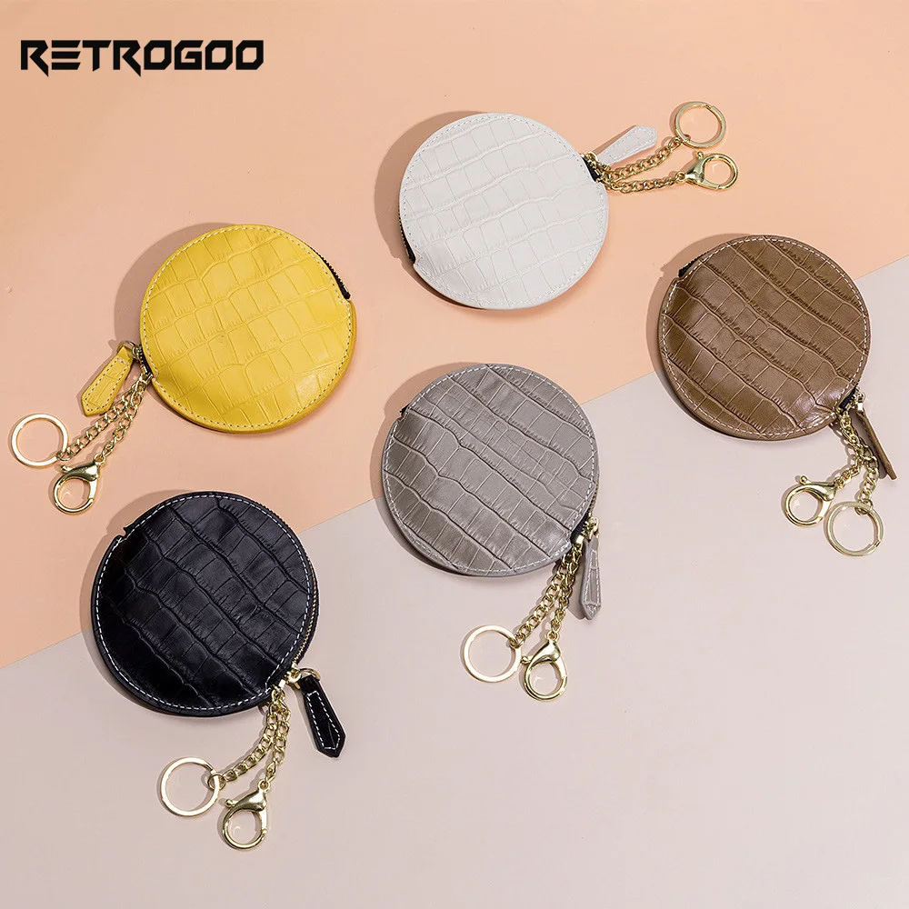 

RETROGOO Genuine Leather Round Small Zipper Coin Purse For Women Keychain Wallet Luxury Crocodile Pattern Cowhide Earphone Case