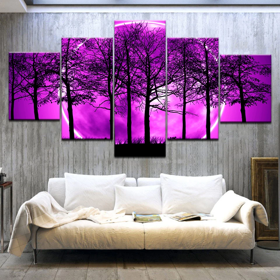 

No Framed 5Pcs Purple Moon Night Psychedelic Forest Posters Canvas Wall Art Pictures Accessories Home Decor Living Room Painting