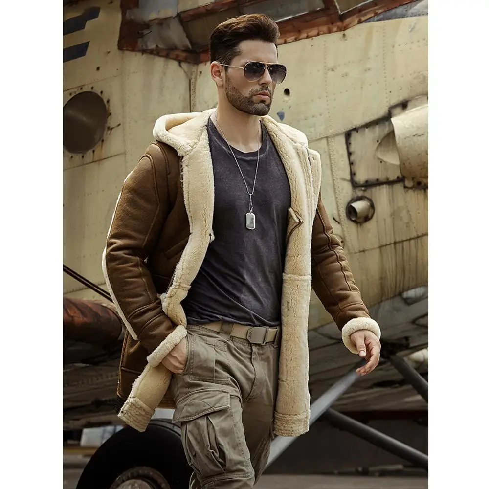 

Denny&Dora Men's Shearling Jacket - Hooded Sheepskin Leather Coat, Long Fur Lined Winter Jacket​