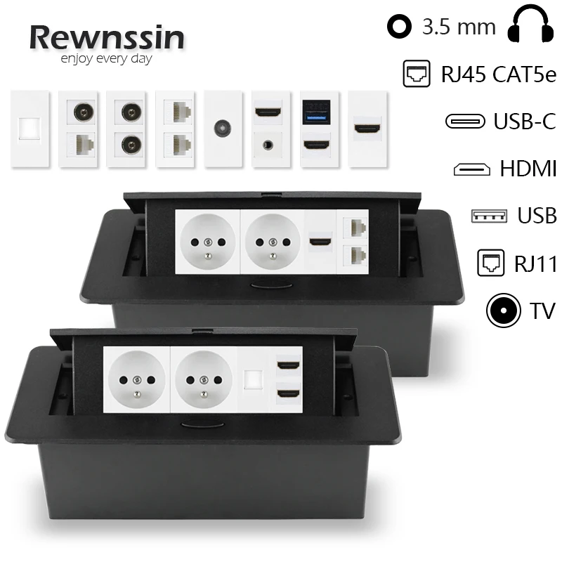 

2 Gang FR Standard Socket With RJ45 HDMI USB Ports,Countertop Built-in Power Board,Black Aluminum Alloy Retractable Desk Outlet