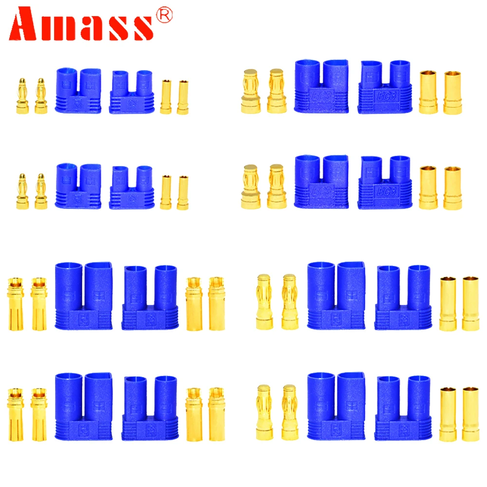 5pair/lot Amass EC2 EC3 EC5 2.0mm 3.0mm 5.0mm DC500V Male Female Gold Plated Banana Plug For RC Battery ESC Motor Toy DIY