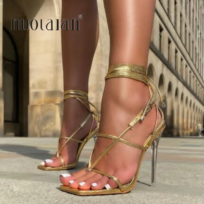 2021 Summer Women Thin High Heels Shoes Sandals Transparent Gladiator Ankle Strap Sexy Pump Female Party Wedding Ladies Shoes