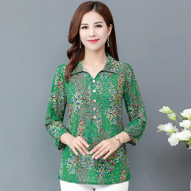 Fashion Flower Print Women Blouses Summer New Long Sleeve Chiffon Blouse Tunic Tops Middle Age Female Casual Ladies Shirts W56